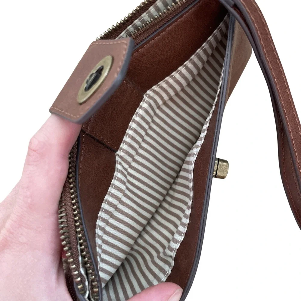 Brown Wristlet Wallet Clutch Zip‎ Around Studded Accent Small Purse - Picture 6 of 7